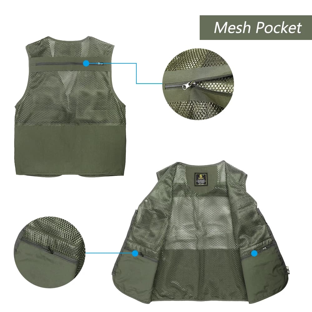 Veste de pêche respirante en mesh avec poches zippées pour activités extérieures été