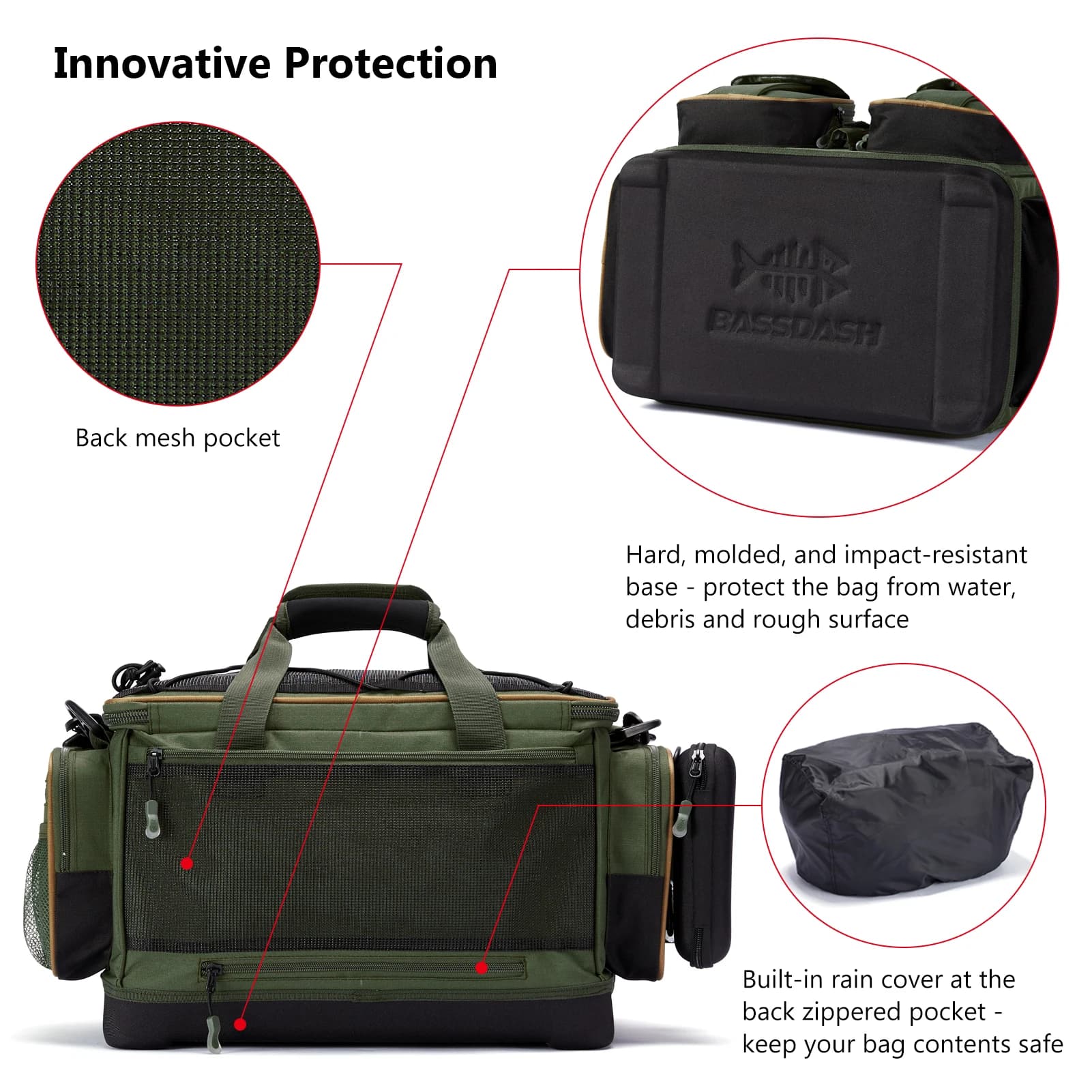 Sac à bandoulière BASSDASH résistant à l'eau léger - Pack rangement matériel pêche avec fond moulé dur et couvre-pluie