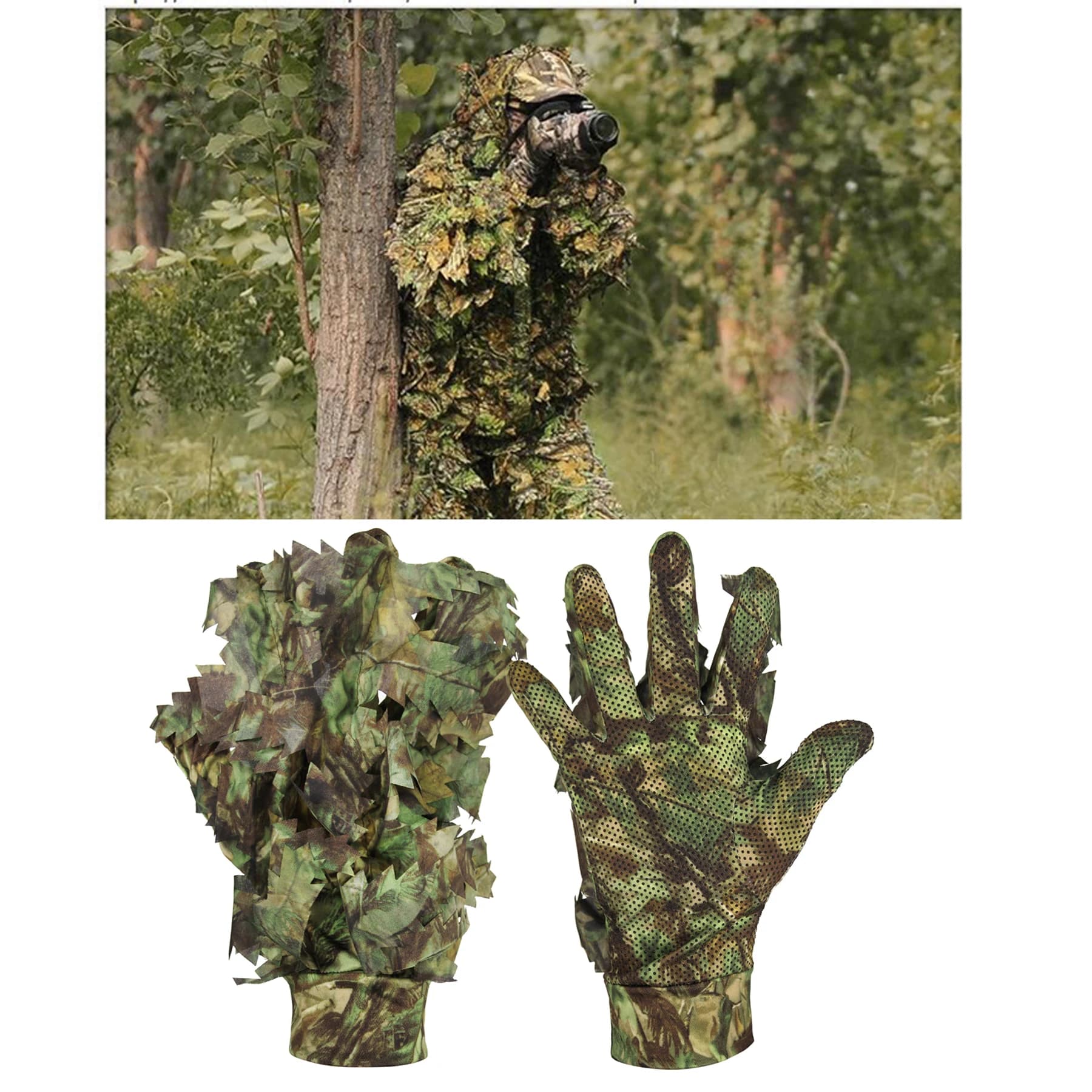 Gants camouflage 3D feuilles GUGULUZA doigts complets confortable antidérapant durable chasse pêche