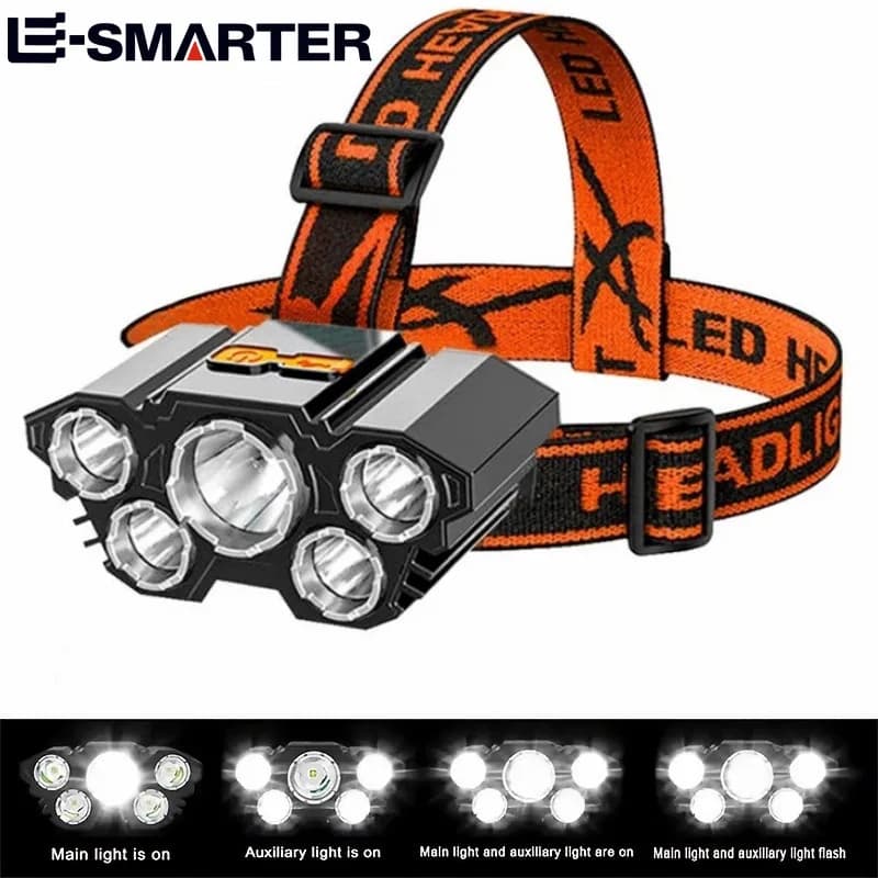 Lampe frontale 5 LED rechargeable intégrée pour pêche, camping, vélo et aventures en plein air