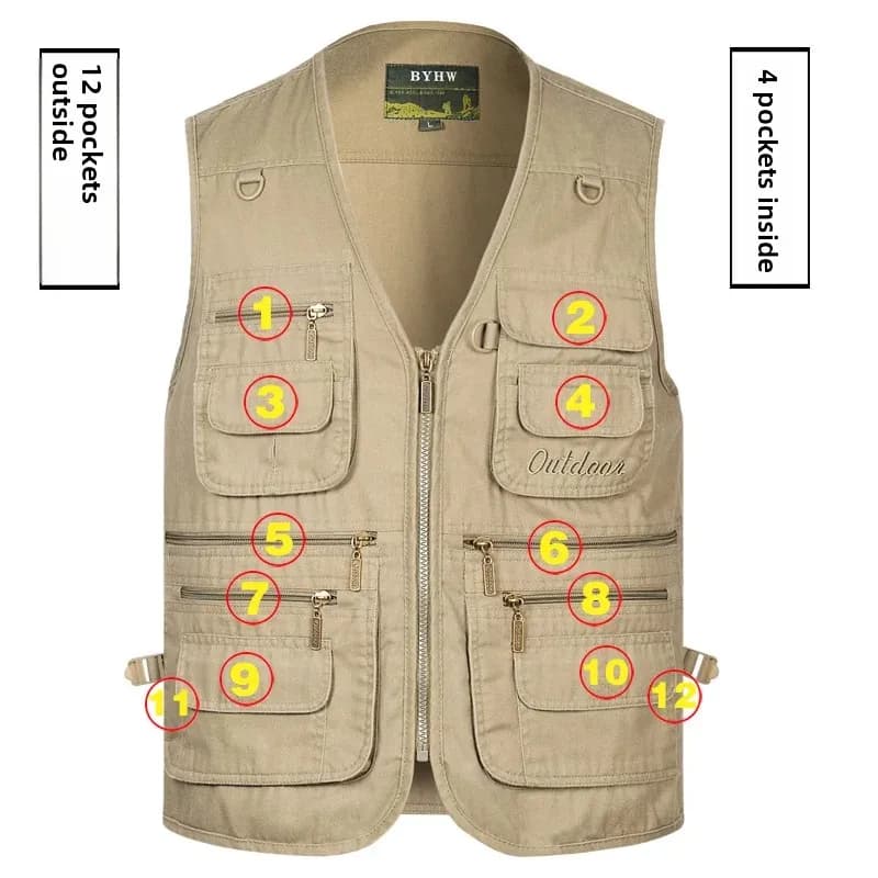 Veste de pêche multi-poches homme printemps automne pour équipement photo extérieur grande taille