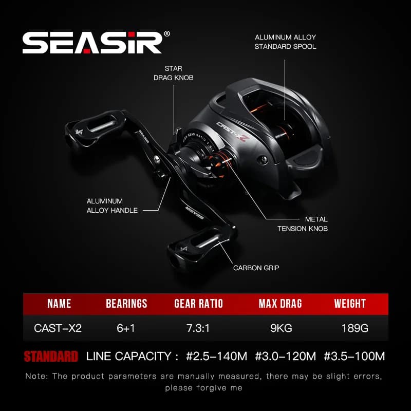 Moulinet baitcasting Seasir Cast-X2 7.3:1 ratio rapide frein 8.5kg grip aluminium carbone BFS