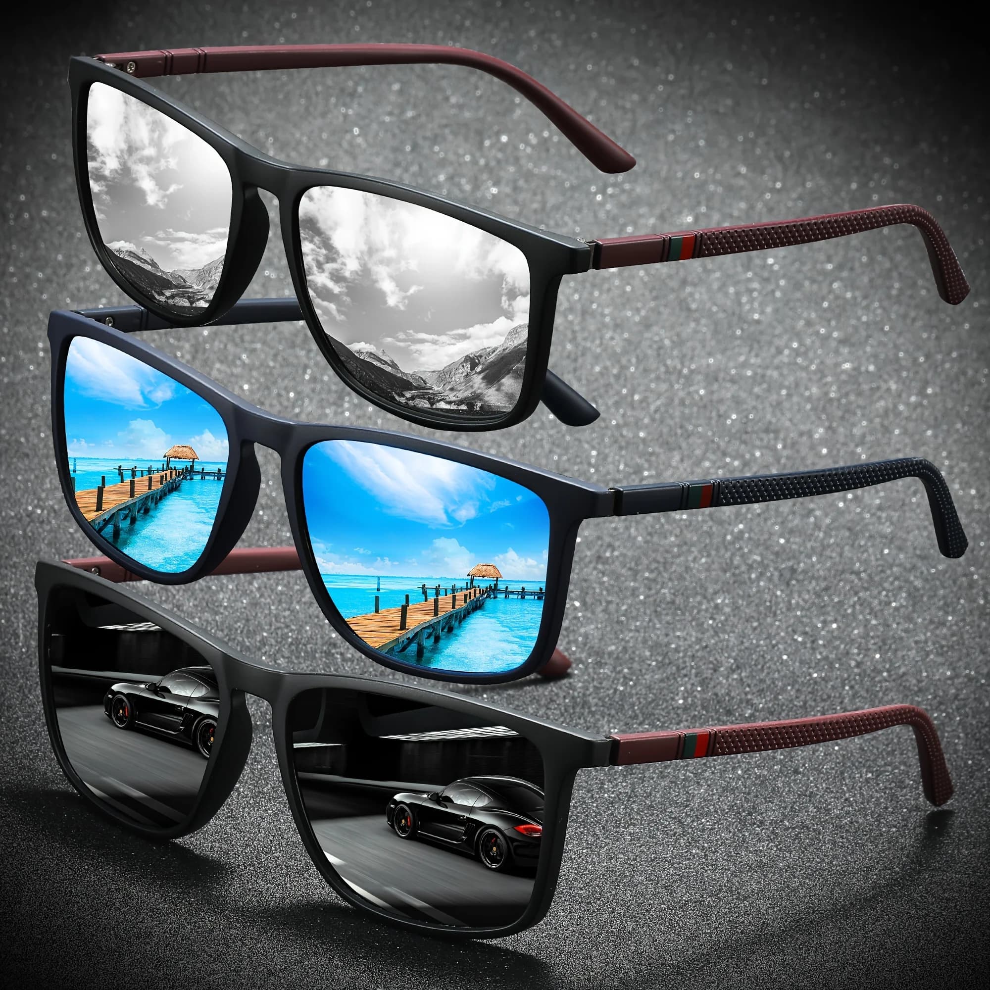 Pack 2/3 lunettes carrées polarisées pour pêche été - Anti-éblouissement vacances voyage - UV400