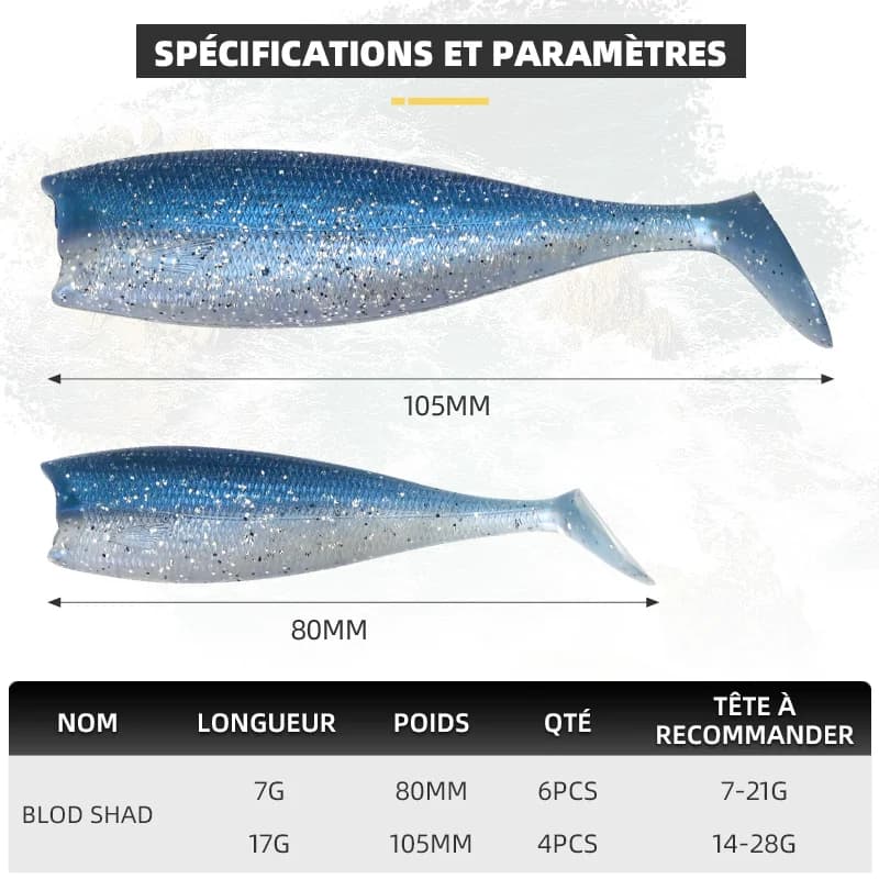 Leurre souple BLUX BLOD SHAD 80mm 105mm pour bar et loup, leurre silicone avec tête plombée