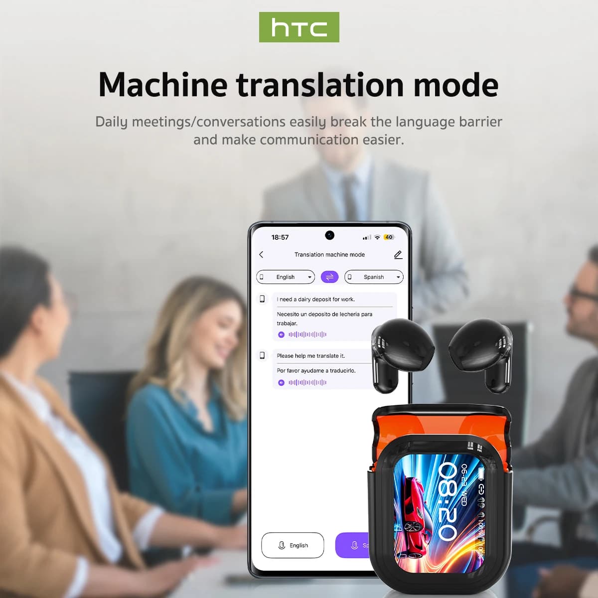 Casque traducteur HTC NE20 Bluetooth 6.0 - Traduction en temps réel, étanche IPX4, autonomie longue