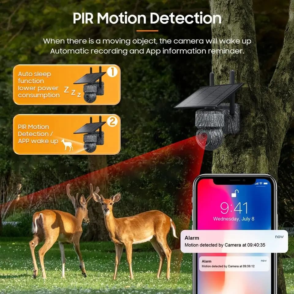 Caméra trail sans fil 4G WiFi solaire avec vue directe alarme détection humaine PTZ pour sécurité chasse