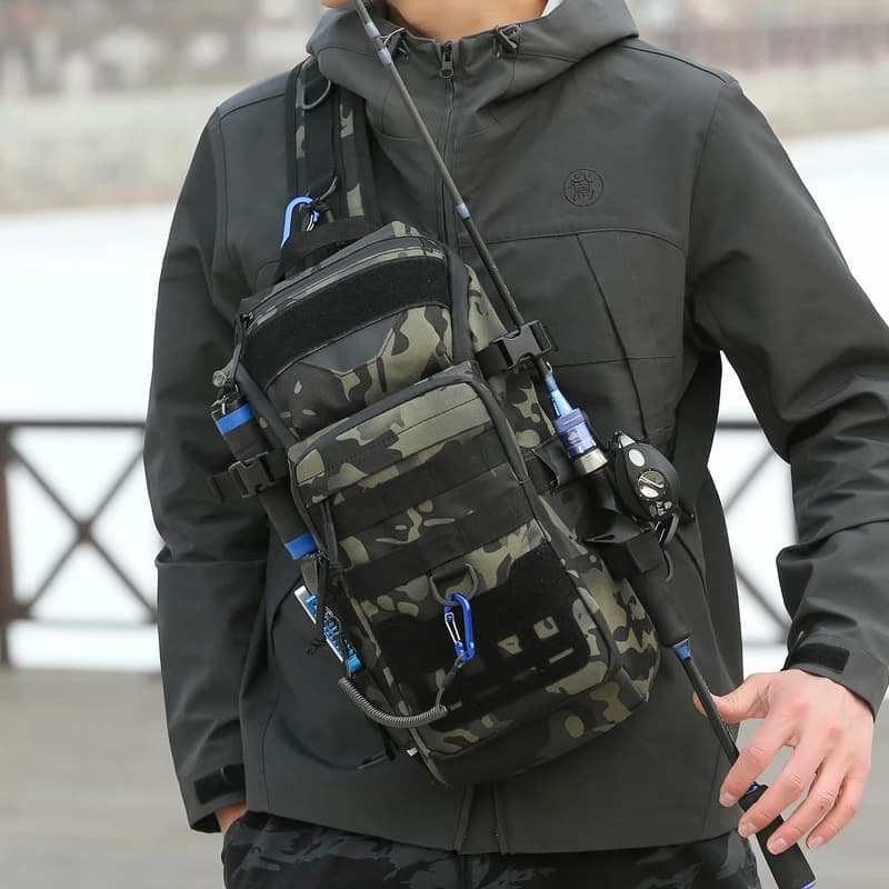Sacoche pêche camouflage multifonction avec sangle croisée pour leurres et équipement de pêche