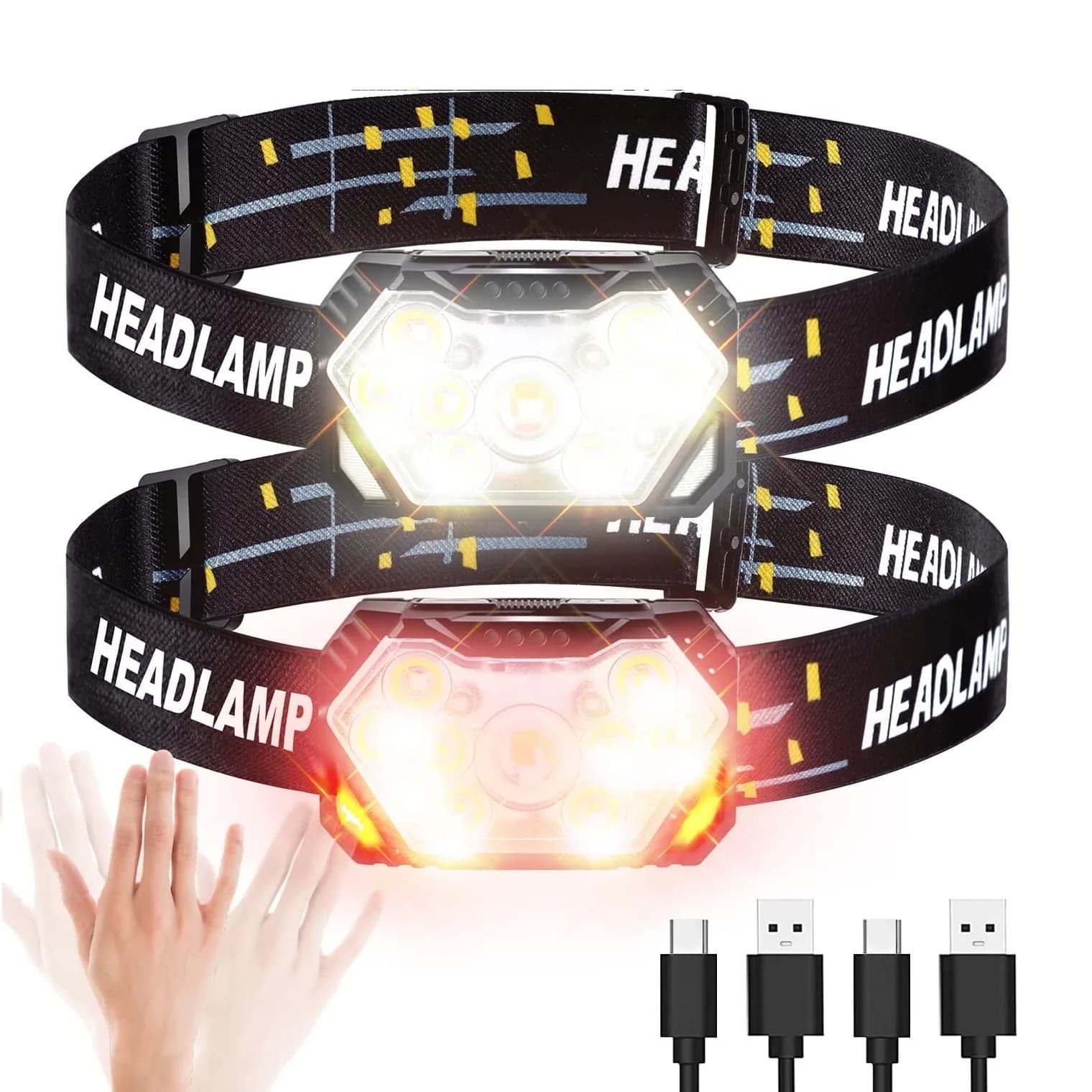 Lampe frontale 9 LED puissante rechargeable USB détecteur mouvement pour pêche camping
