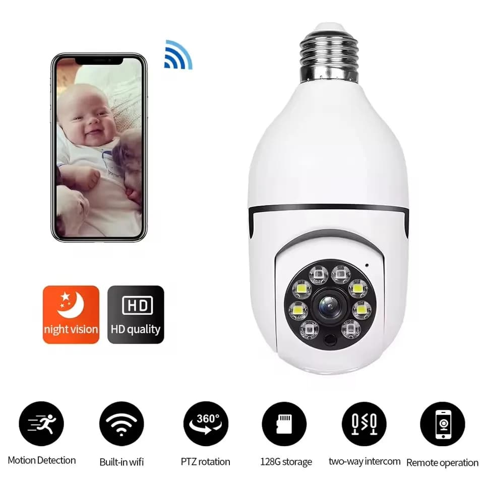 Caméra surveillance intérieure E27 mini WiFi suivi automatique zoom pour sécurité local pêche