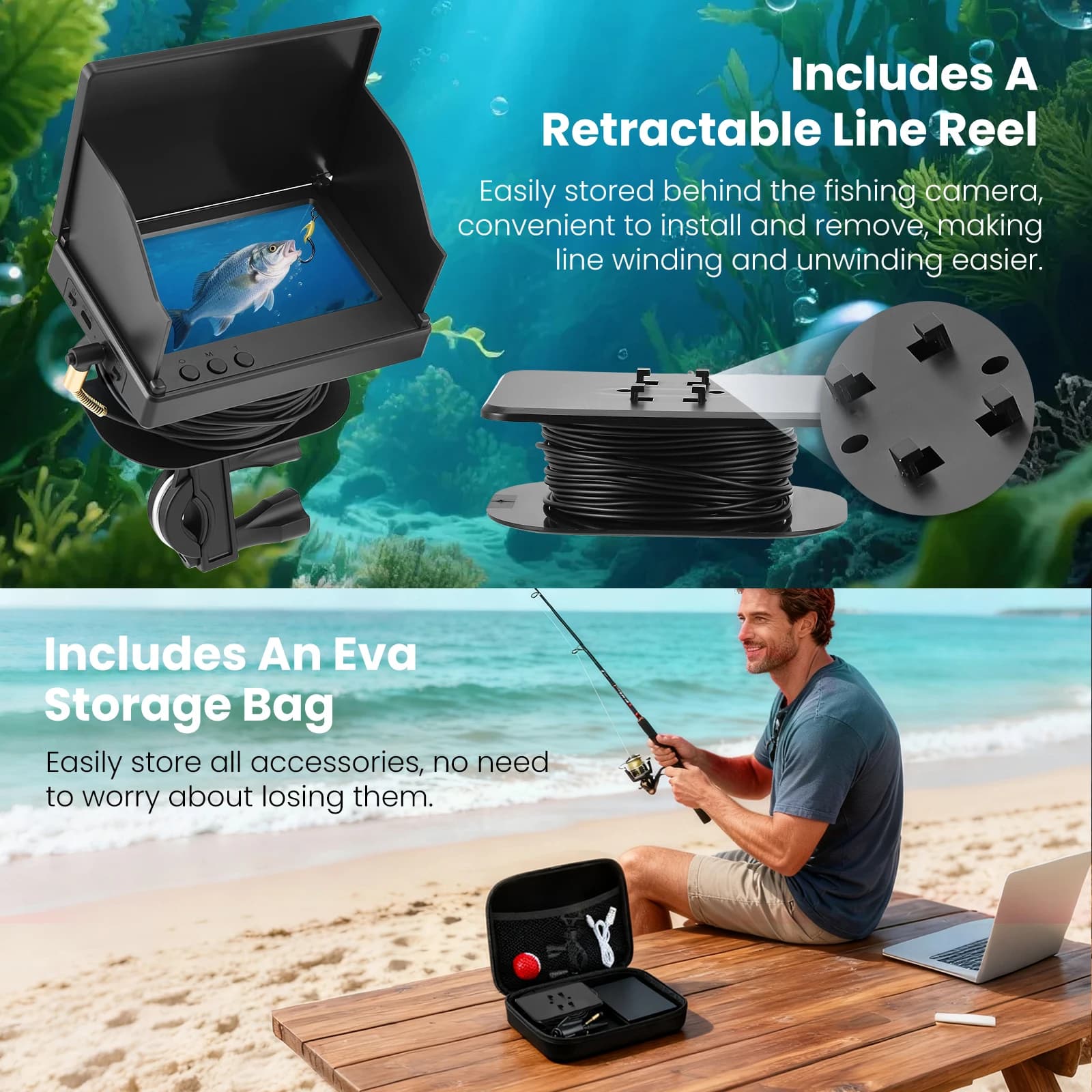 Caméra sous-marine pêche 1080P HD 4.3 pouces avec vision nocturne et batterie 8000mAh - Fish Finder