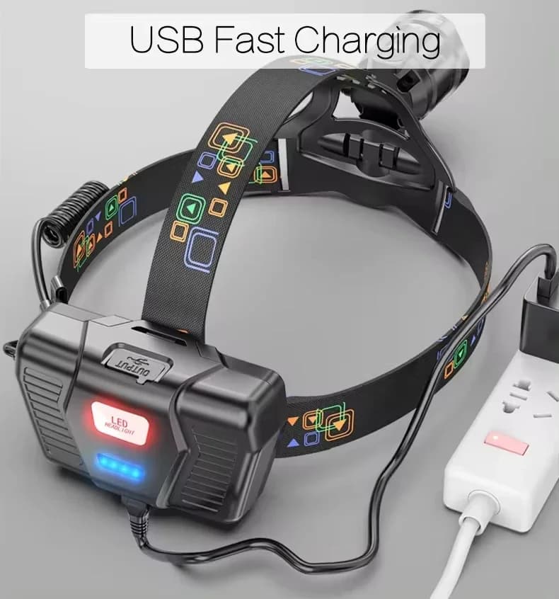 Lampe frontale LED XHP100 zoomable waterproof pour pêche - recharge USB et haute puissance 18650