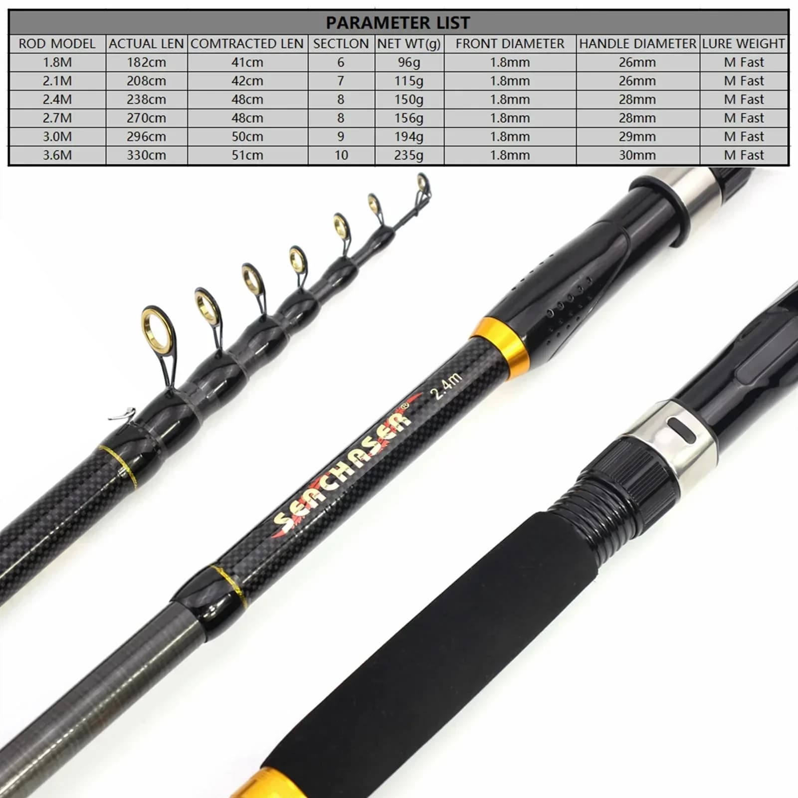 Canne pêche télescopique portable 1.8m-3.6m fibre carbone pour carpe truite et pêche plage