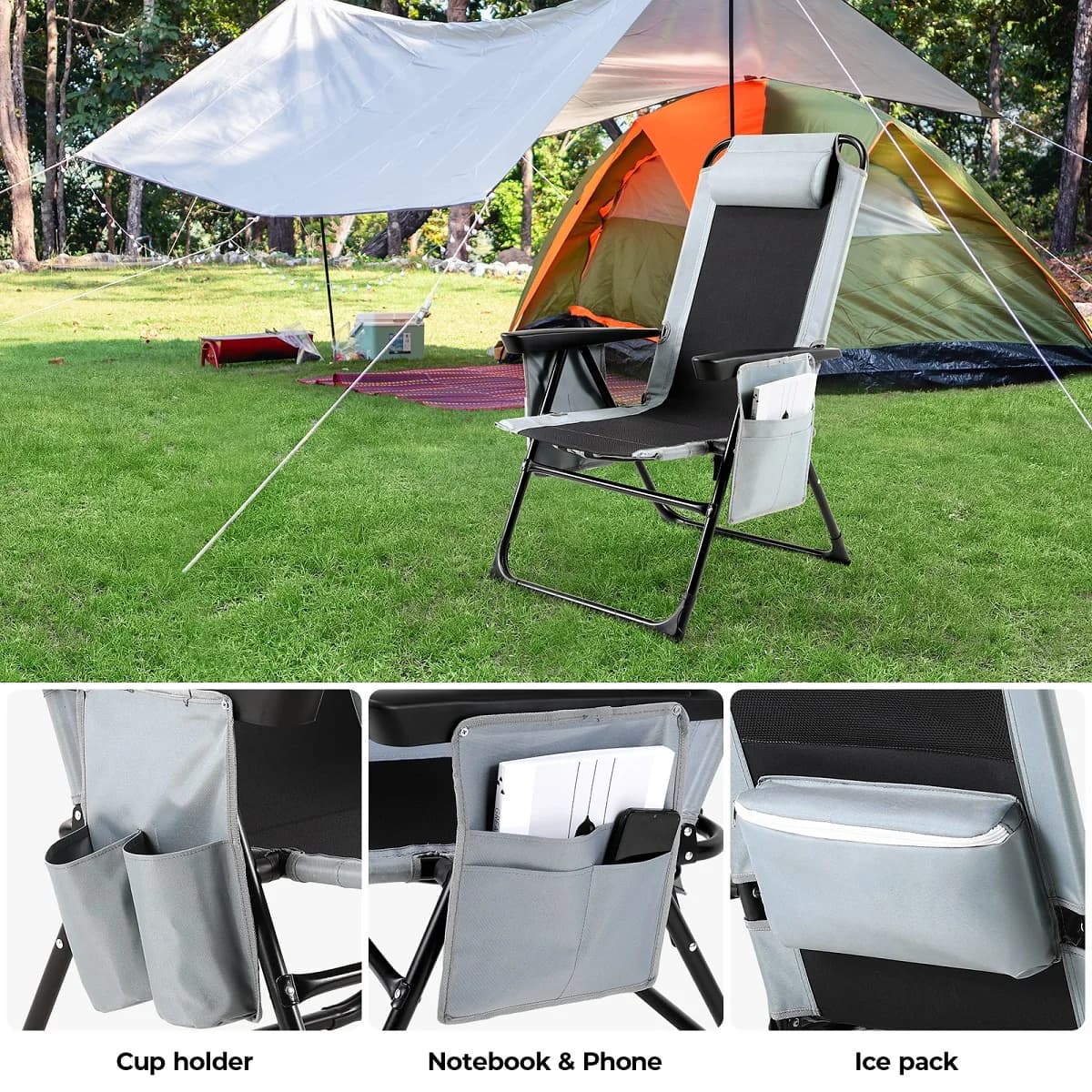 Chaise pliante dossier et accoudoirs réglables - Siège camping gris oxford 140kg pour pêche