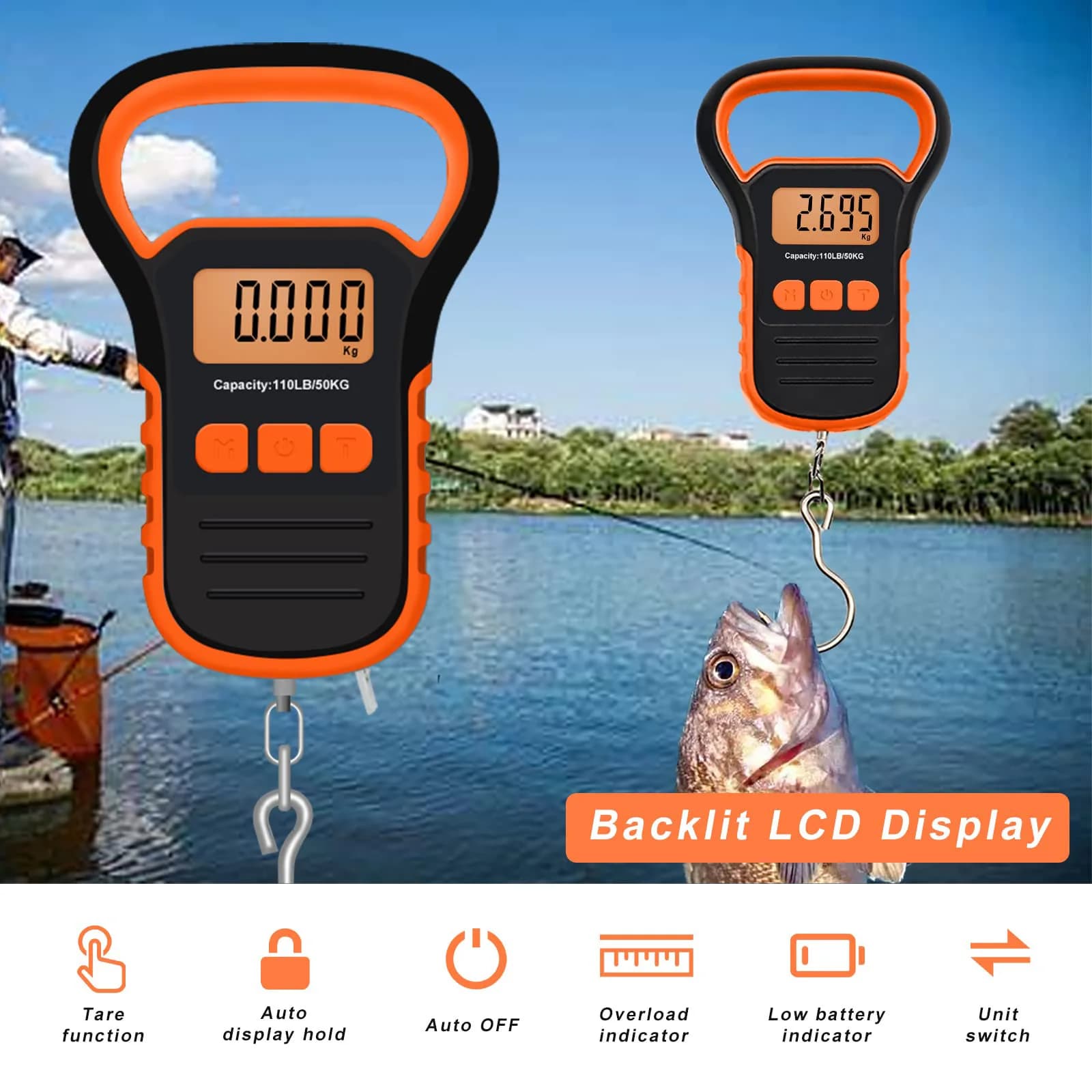 Balance numérique pêche 50kg avec pince à lèvres - Écran LCD rétroéclairé pour pesée précise poissons