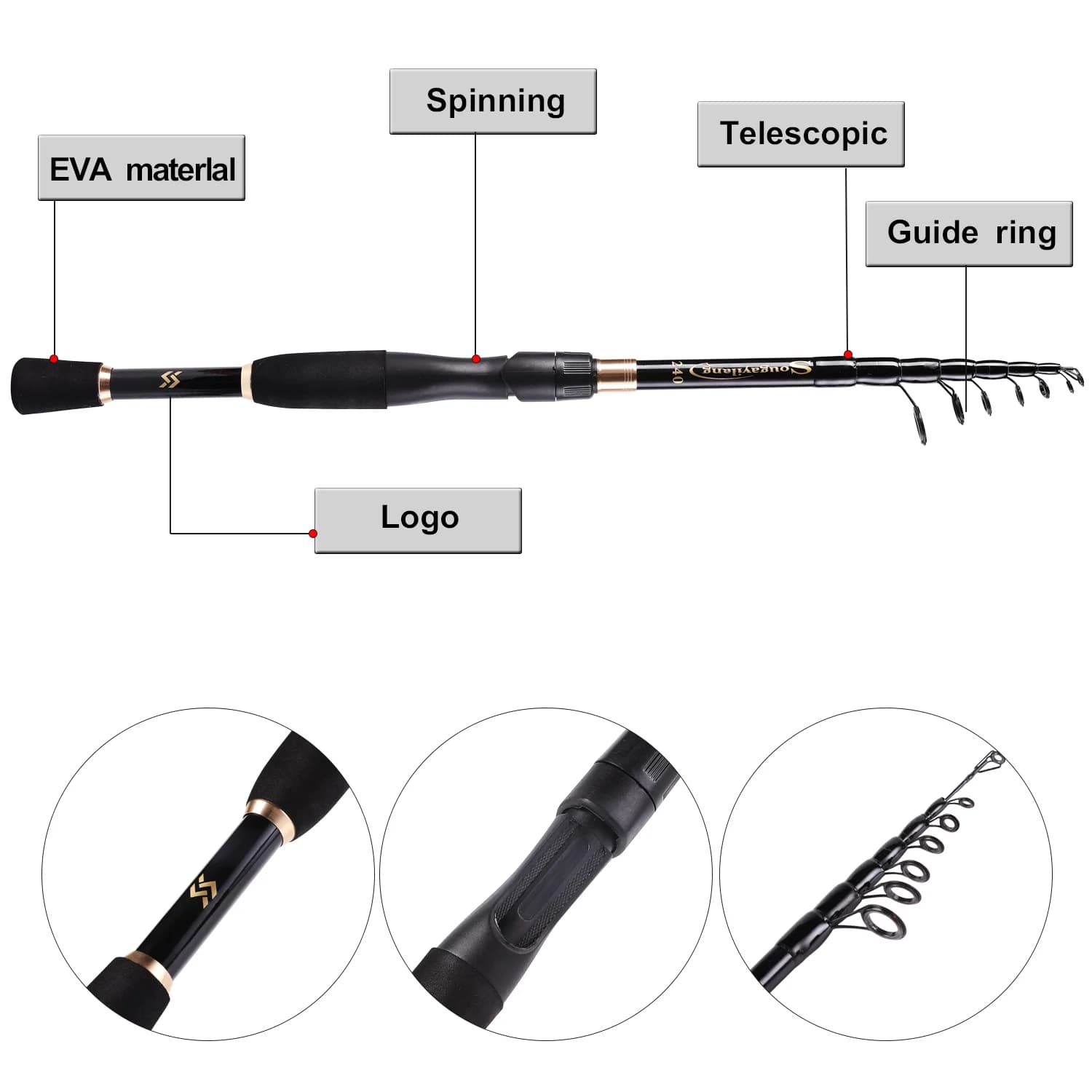 Canne télescopique Sougayilang ultra légère 1.8-2.4m spinning casting carbone leurres 10-30g transport facile