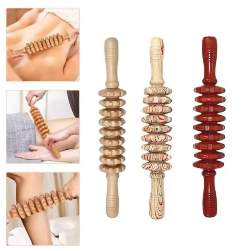 Rouleau de massage en bois 9 roues pour drainage lymphatique - Outil de scraping corporel manuel Hemu