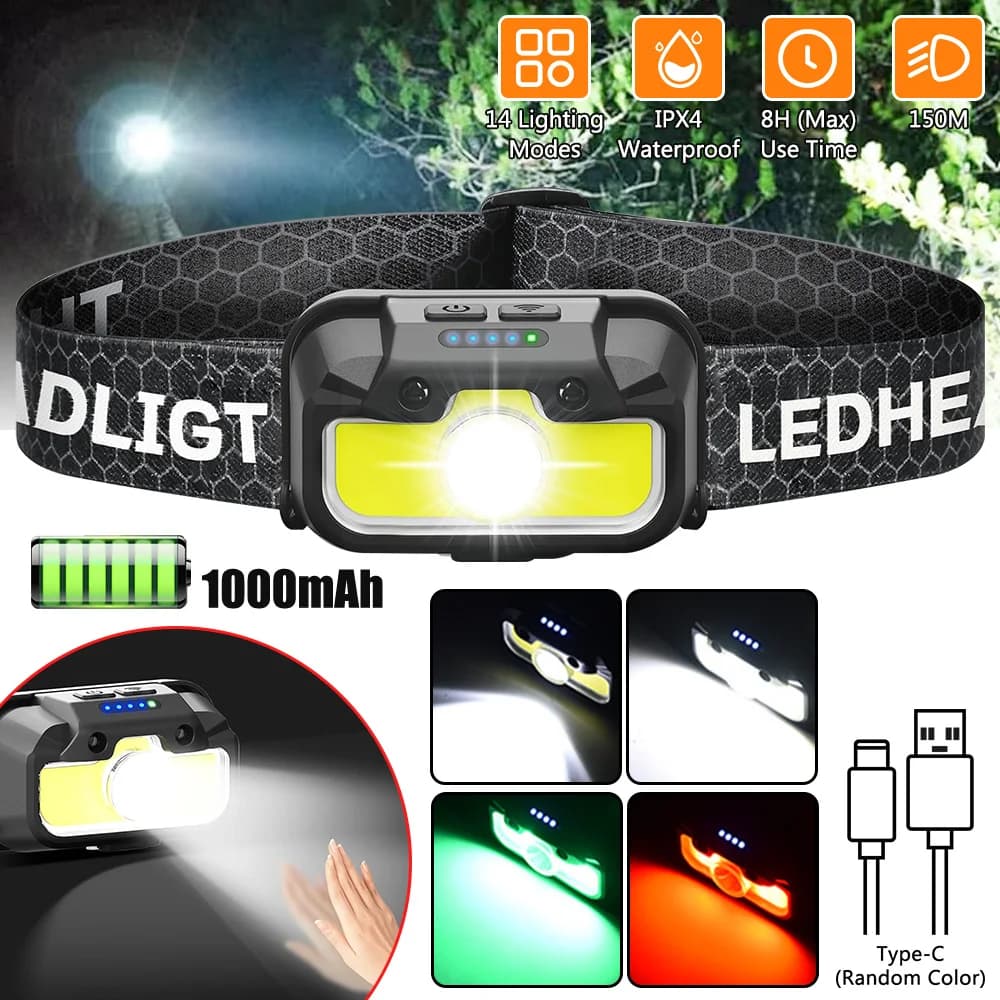Lampe frontale Vastfire 14 modes réglables avec LED blanc rouge vert détecteur de mouvement étanche