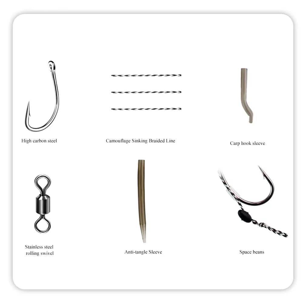 Montages carp fishing prêts à pêcher - 6 hair rigs avec ligne pour bouillettes
