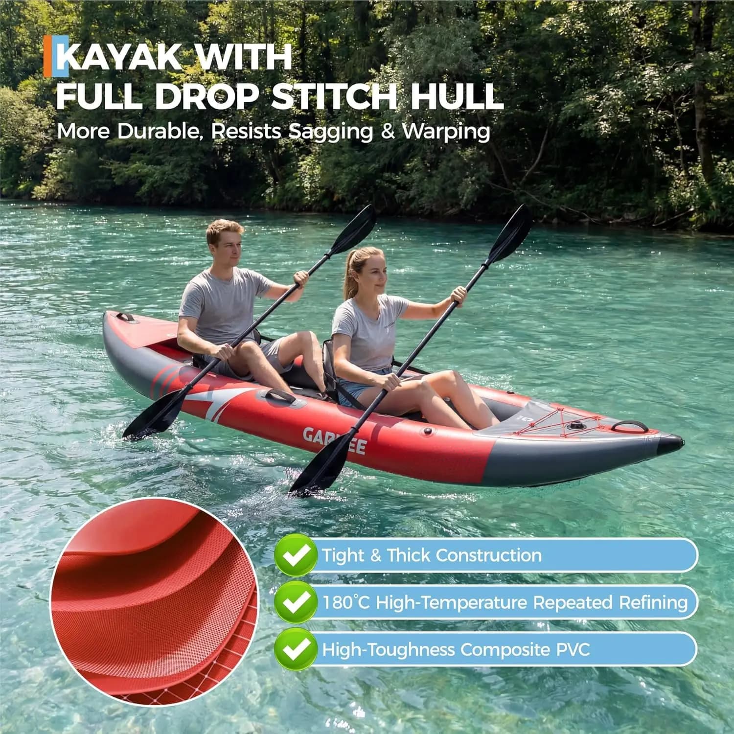 Kayak gonflable 12.5 pieds 2 places portable pour pêche et touring avec sièges confortables