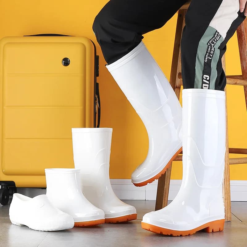 Bottes de pêche blanches anti-dérapantes mi-mollet imperméables pour chef et extérieur