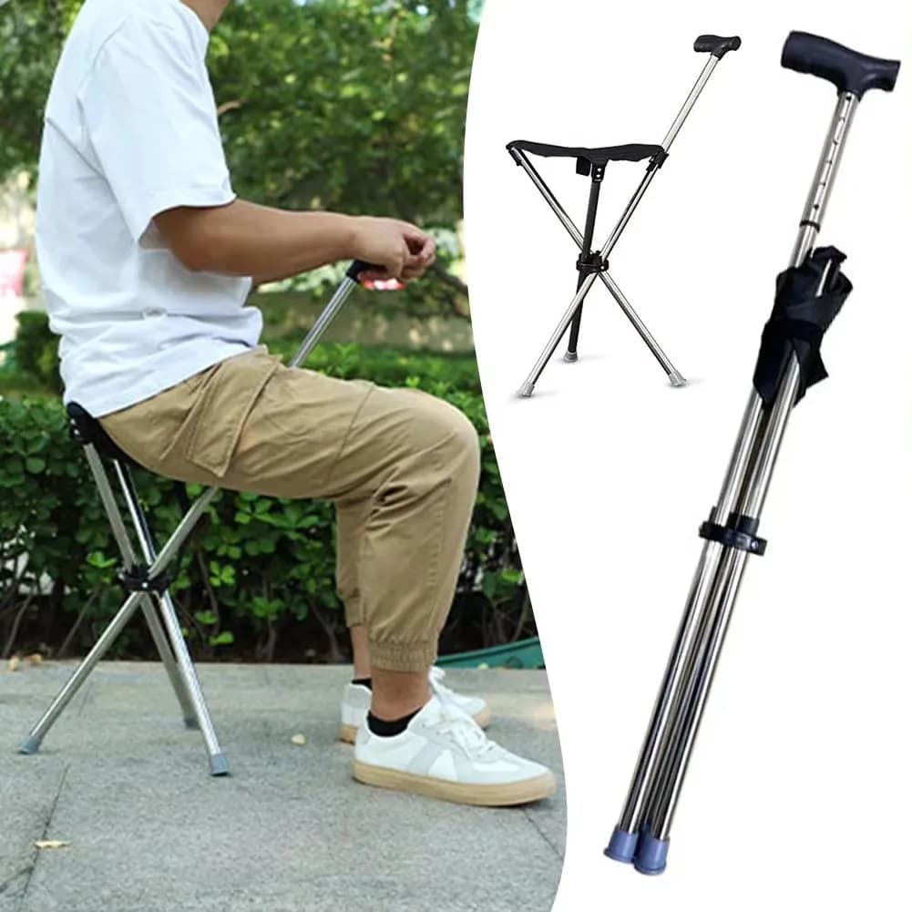 Canne-siège pliable portable léger antidérapant pour marche extérieure randonnée senior sécurité