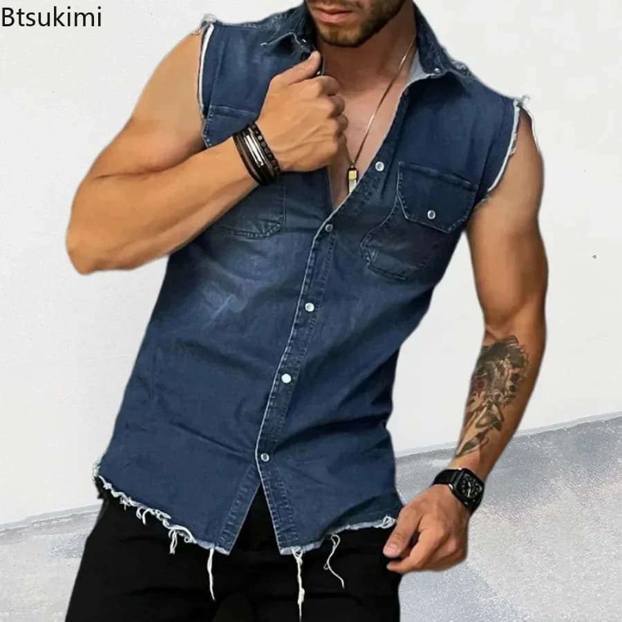 Veste sans manches en jean décontractée pour homme été 2026, décolleté et poche poitrine, style hip hop