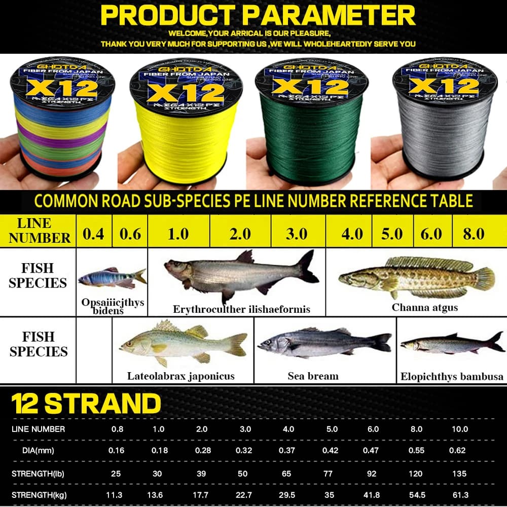 Ligne pêche mer GHOTDA PE X12 tressée 300/500/1000m 12 brins 25-120LB - Original qualité supérieure