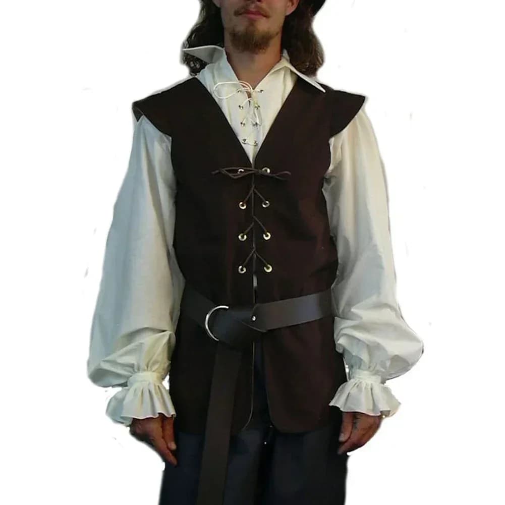 Gilet sans manches homme style pirate médiéval en suède, avec bretelles et décolleté en V, veston vintage loose