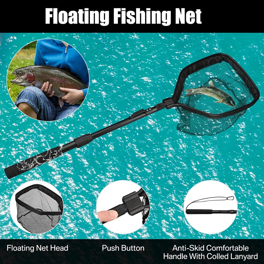 Filet de pêche flottant pliable avec perche télescopique pour eau douce et mer capture facile sans blessure