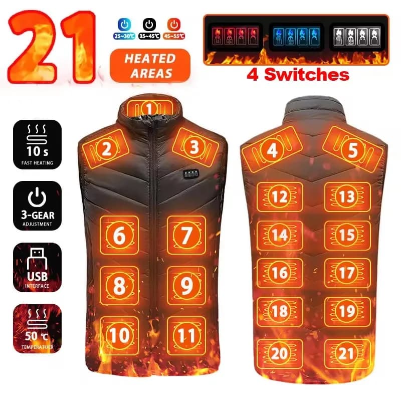 Veste chauffante homme femme 21 zones chauffantes USB pour camping randonnée sport hiver