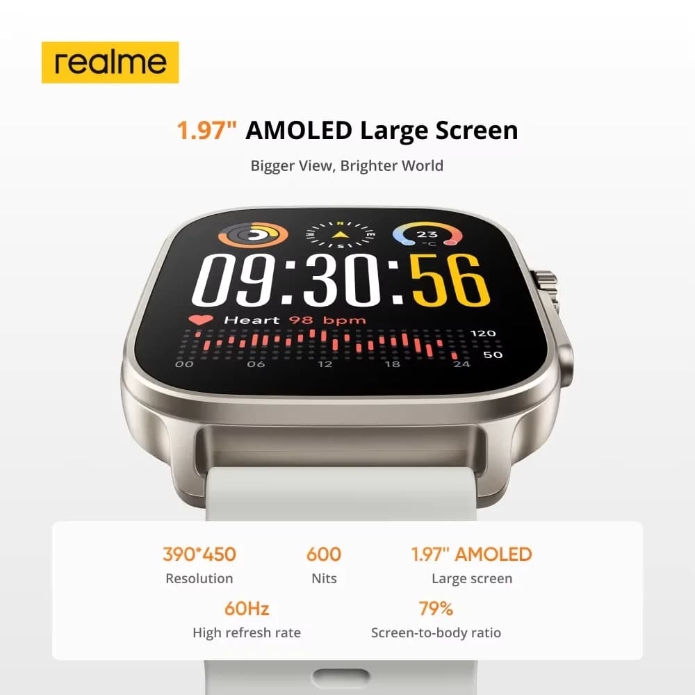 Montre realme watch 5 version globale écran AMOLED 600 nits autonomie 14 jours GPS étanche IP68