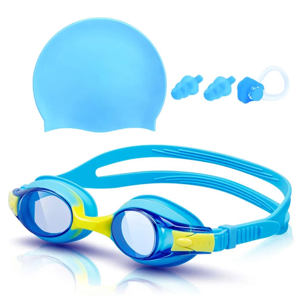 Lunettes de natation enfant + bonnet silicone avec pince-nez et bouchons d'oreilles - Anti-fuite Anti-buée