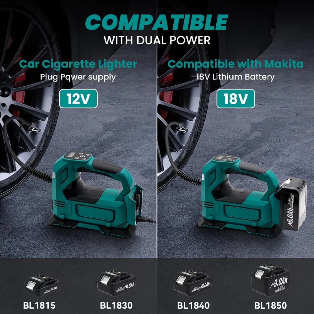 Gonfleur pneus sans fil compatible batteries Makita 18V pour pêcheurs bricoleurs et mobiles