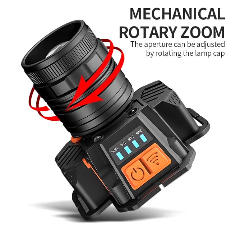 Lampe frontale LED super lumineuse 20W étanche rechargeable avec zoom pour pêche chasse camping