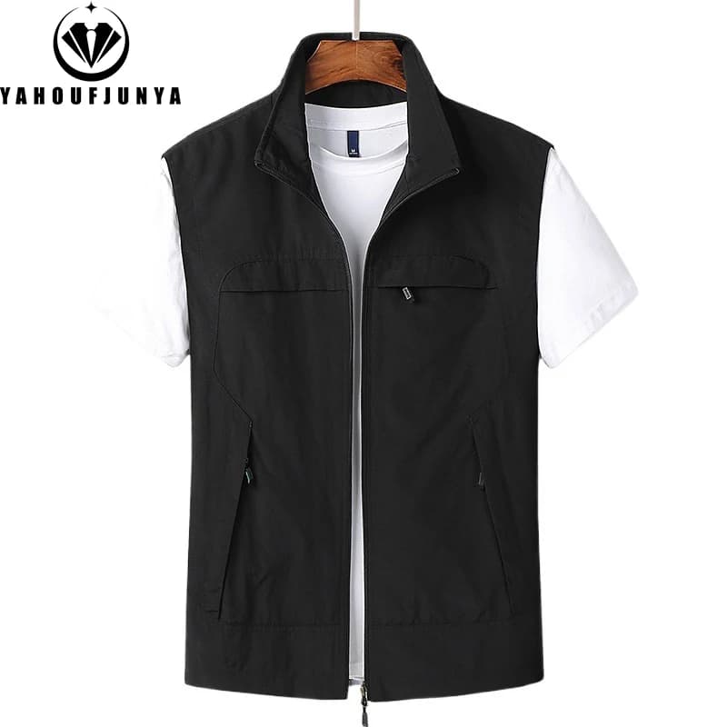 Veste sans manches homme été 2025 - Col montant respirant avec poches multiples pour loisirs outdoor