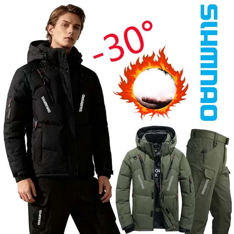 Combinaison Pêche Hiver 2026 Imperméable et Chaude avec Capuche, Veste Doudoune pour Camping Randonnée Chasse