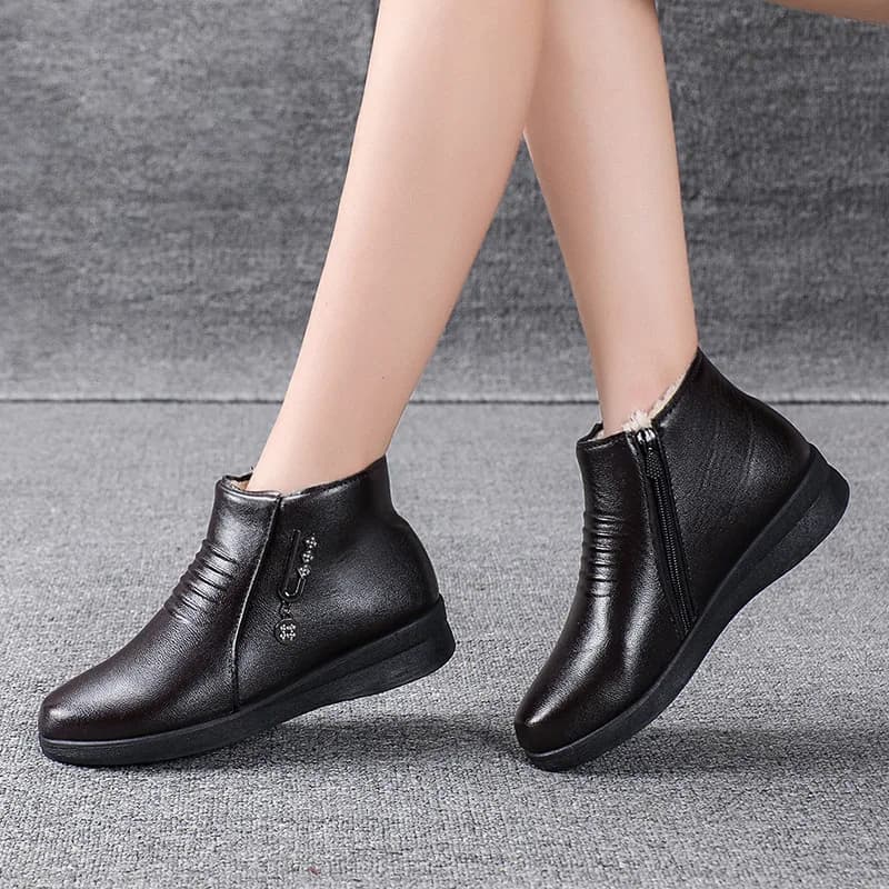 Bottes cuir 2024 semelle plate douce - Chaussures femme laine chaude pêche hiver antidérapantes