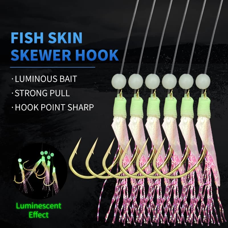 Hameçons Sabiki lumineux ZYZHE pour pêche en mer et eau douce - 6 hameçons peau de poisson réelle