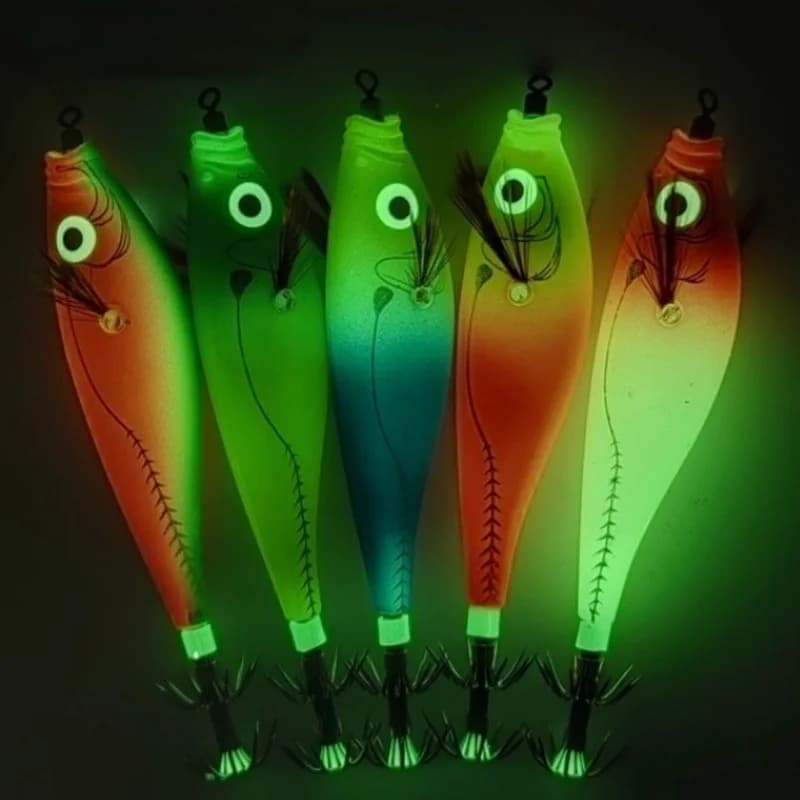 5 leurres calmar lumineux horizontal glow jig pêche mer appât crevette et calmar