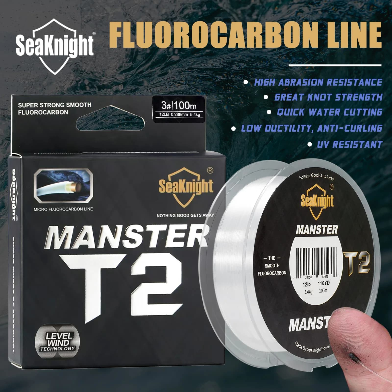Ligne de pêche fluorocarbone 100% MANSTER T2 SeaKnight, 100M pour pêche en mer, 3-35LB, fil carbone coulant