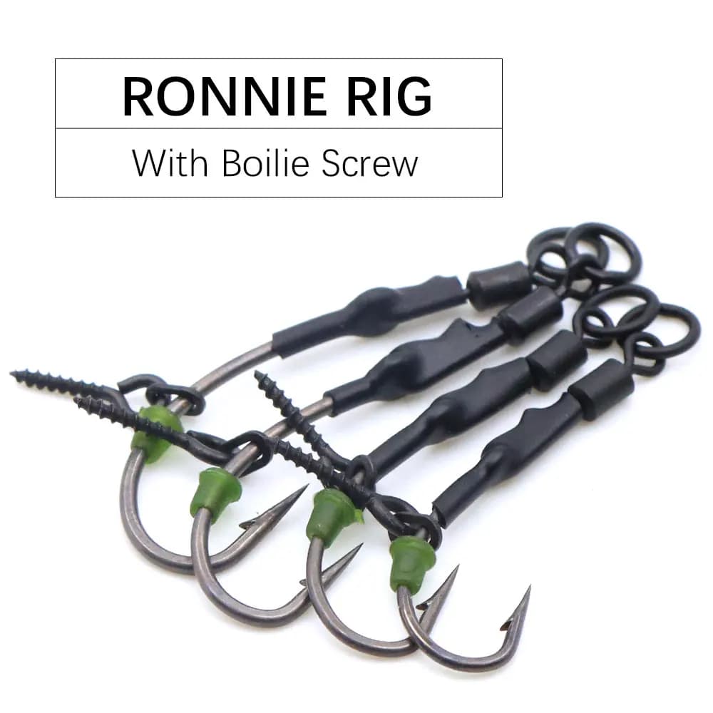 4 hameçons Ronnie Rig courbés avec appâts pop-up et vis à boilies pour la pêche à la carpe