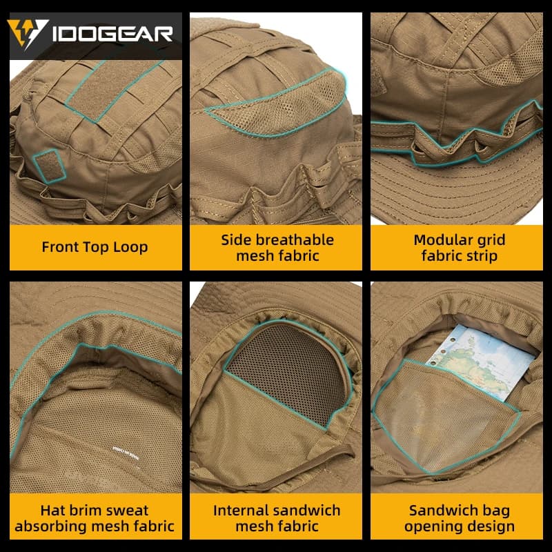 Casquette boonie tactique IDOGEAR 3623 large bord pour pêche et chasse - Ajustable respirant