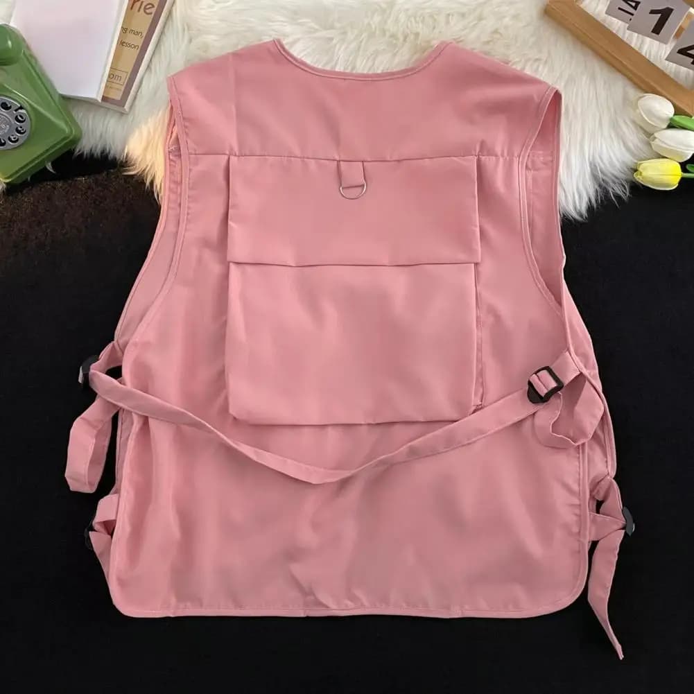 Gilet cargo multi-poches unisexe - Style hip-hop - Fermeture à boucles - Coupe ample décontractée