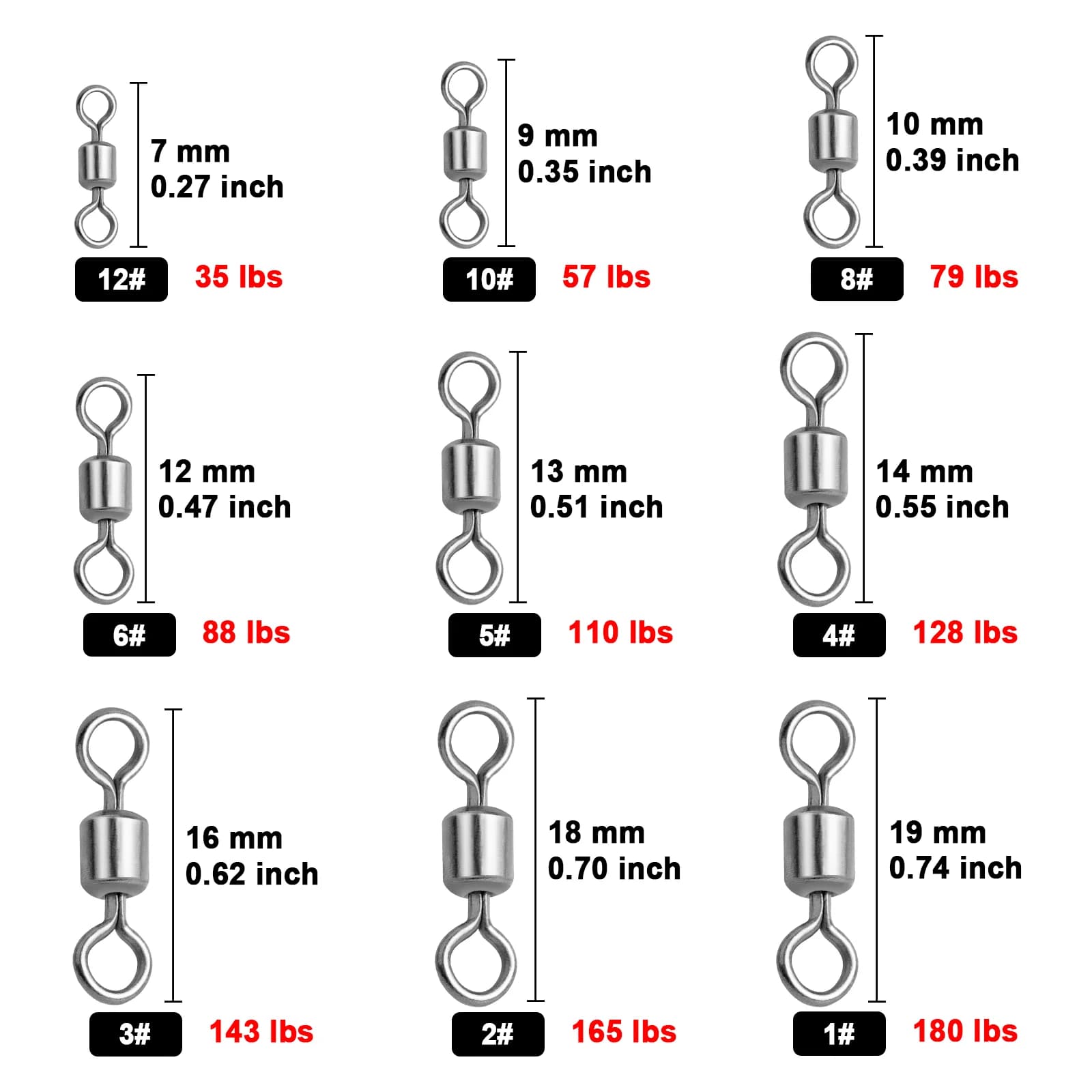Lot de 25 à 100 émerillons pêche acier inoxydable, connecteur ligne et anneaux solides pour montages
