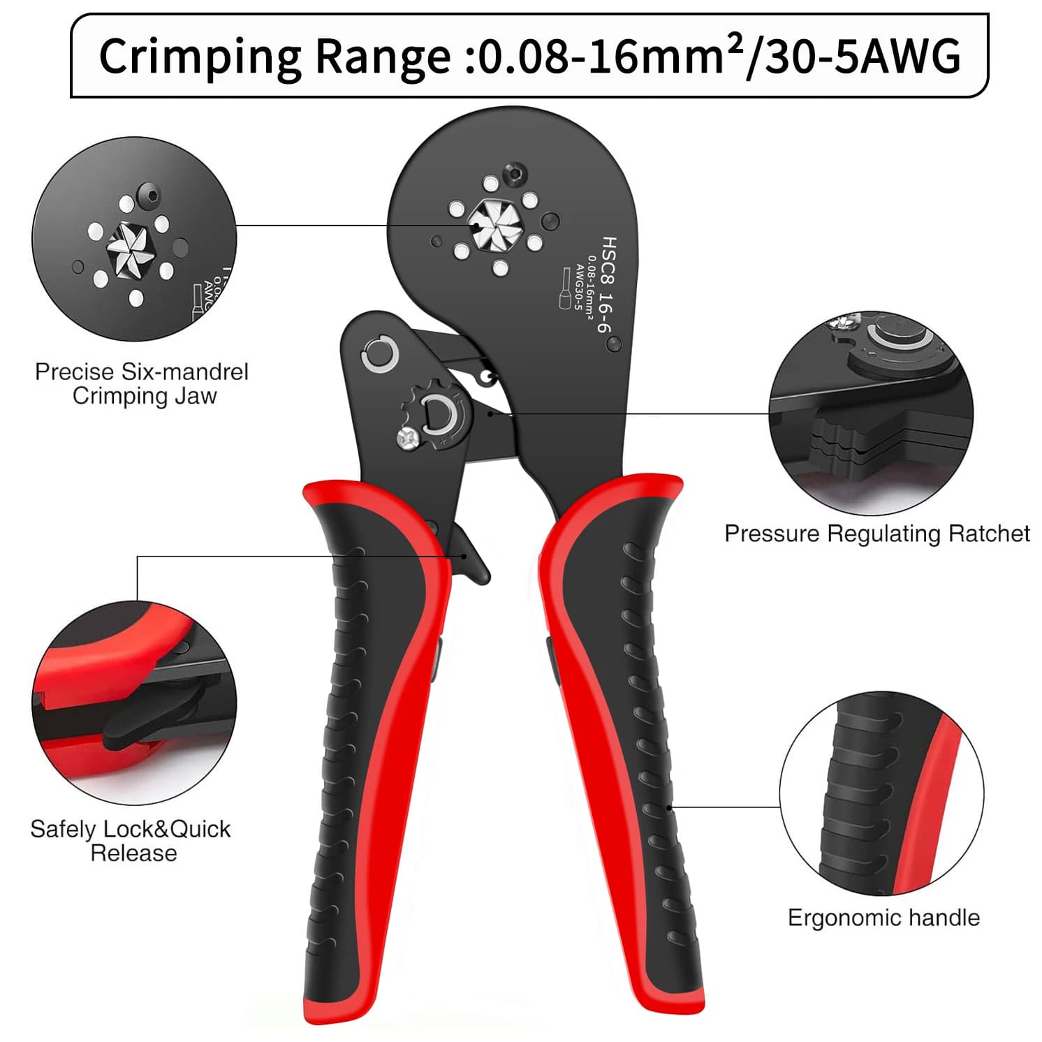 Pince à sertir HSC8 16-6 pour pêche : sertisseuse terminals tubulaires grandes sections 0.08-16mm²