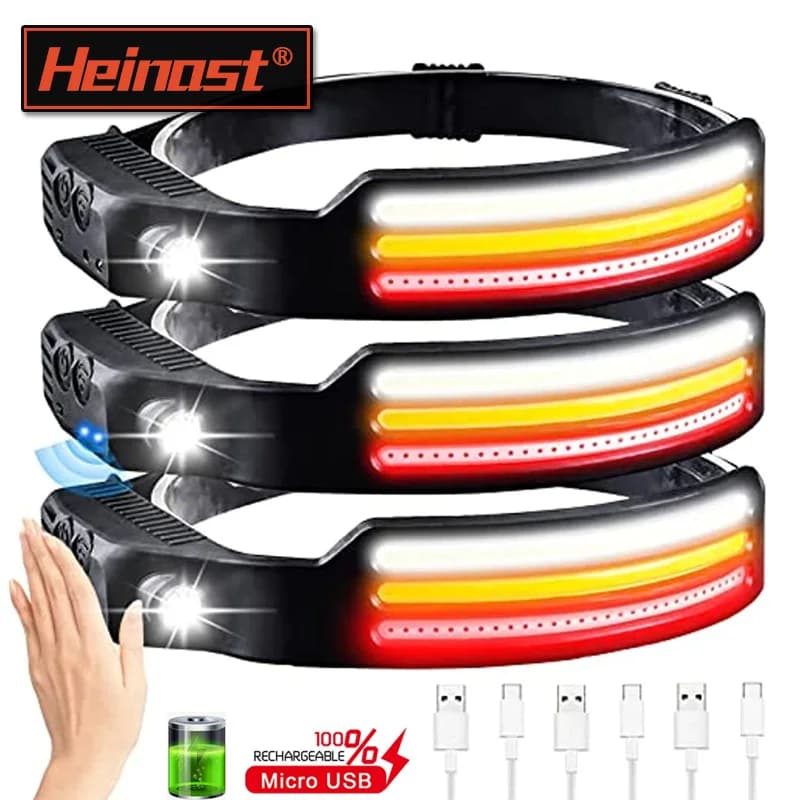 Lampe frontale rechargeable USB avec capteur de mouvement IR - 10 modes lumière blanche/jaune/rouge étanche