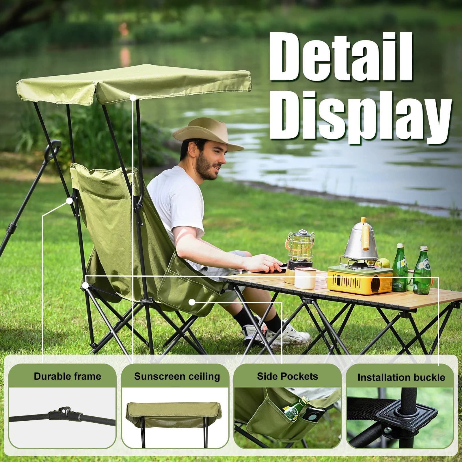 Chaise pliante pêche avec ombrière YOUNG WOOD - Siège large avec protection solaire plage