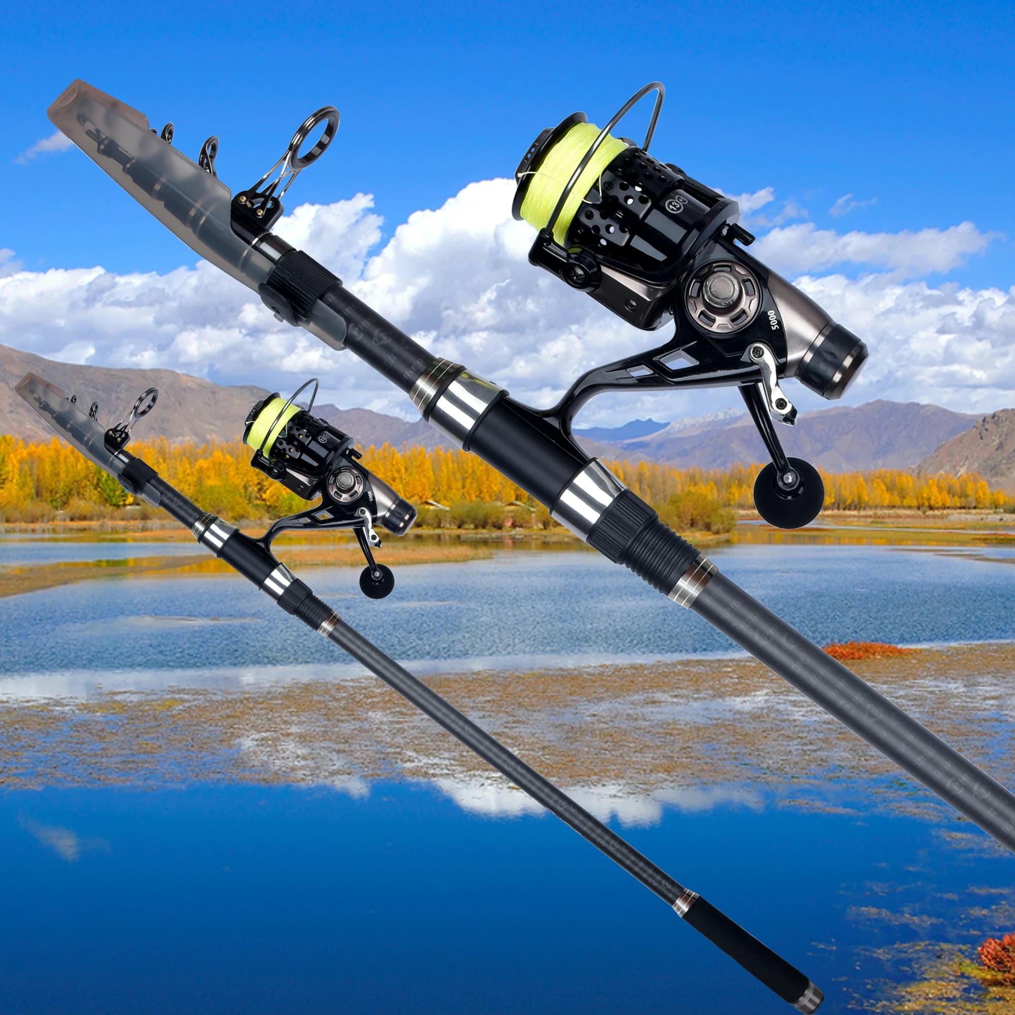 Canne téléscopique surfcasting PHISHGER 3.6m à 5.3m puissance 80-150g carbone 30T pour pêche du bord en mer