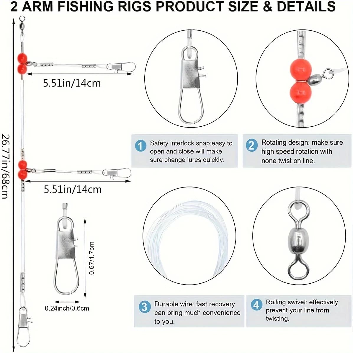 18 pièces bas de ligne pêche mer avec émerillons et agrafes, fil résistant pour leurres et appâts