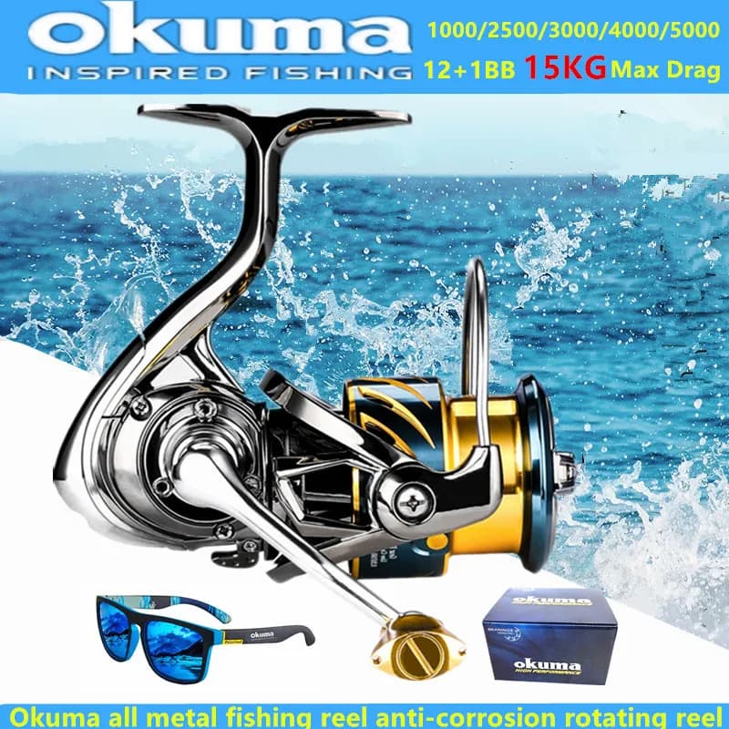 Moulinet de pêche mer Okuma tout métal - 12+1BB, drague max 15kg, anti-corrosion eau salée - Tailles 1000 à 5000